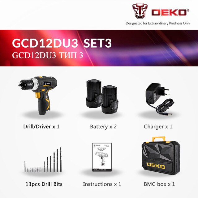 DEKO GCD12DU3 12-Volt Max DC Lithium-Ion Battery 3/8-Inch 2-Speed Electric Cordless Drill Mini Screwdriver Wireless Power Driver
