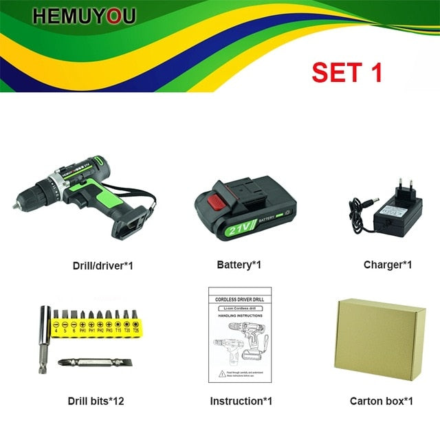 21V Cordless Screwdriver Electric Drill Battery Mini Drill Rechargeable Electrical Tools 2-Speed +Smart Electric Display