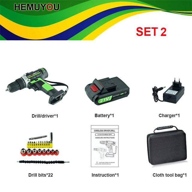 21V Cordless Screwdriver Electric Drill Battery Mini Drill Rechargeable Electrical Tools 2-Speed +Smart Electric Display