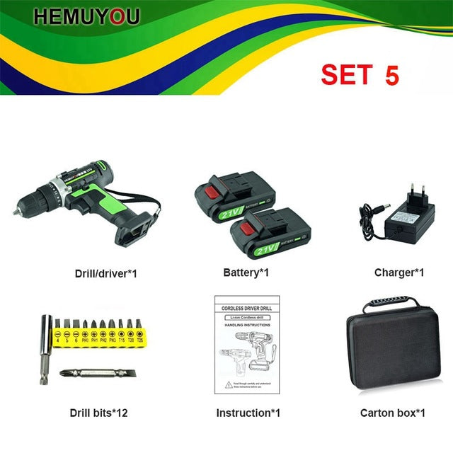 21V Cordless Screwdriver Electric Drill Battery Mini Drill Rechargeable Electrical Tools 2-Speed +Smart Electric Display